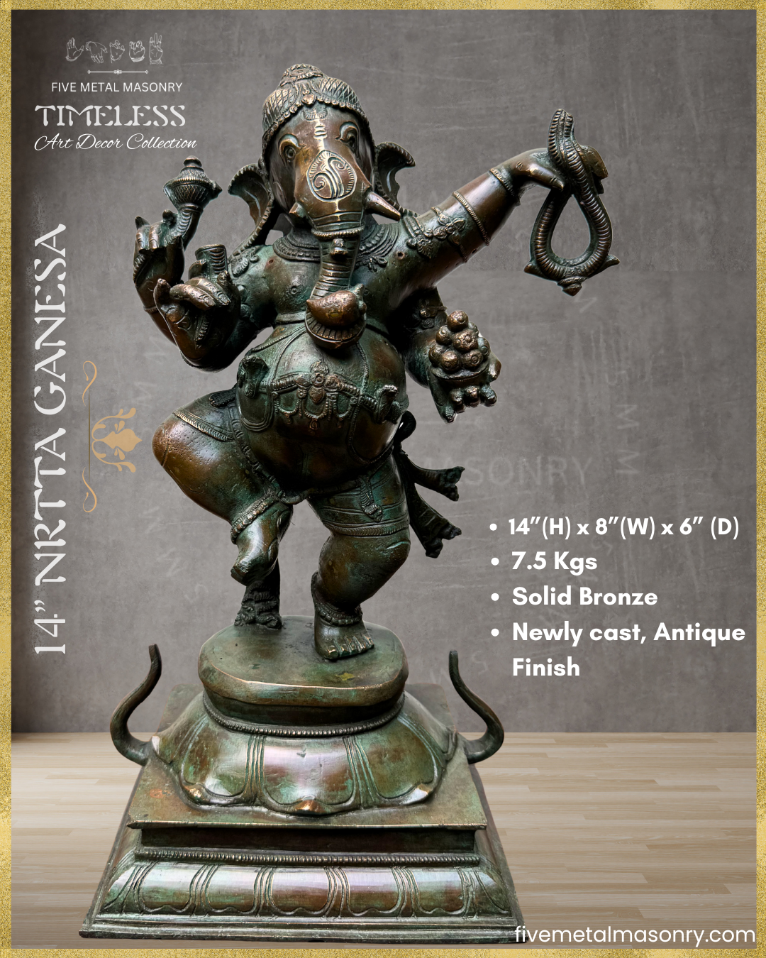 Dancing (Nrtta) Ganesha - Panchaloha Bronze Icon - 14"- Timeless Collection