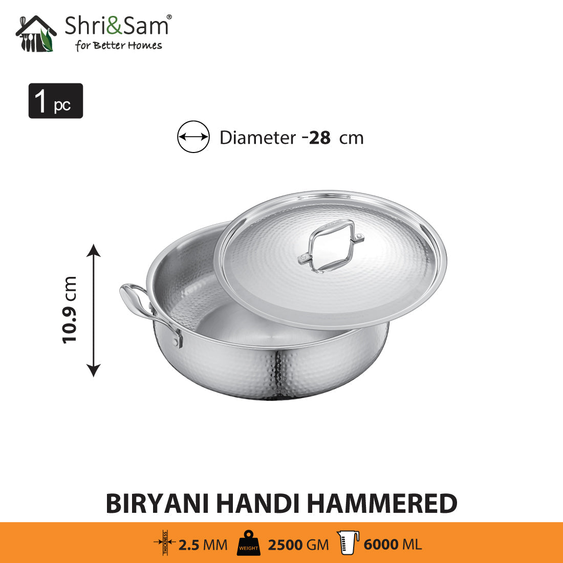 Stainless Steel Triply Bharat Hammered Biryani Handi with Lid