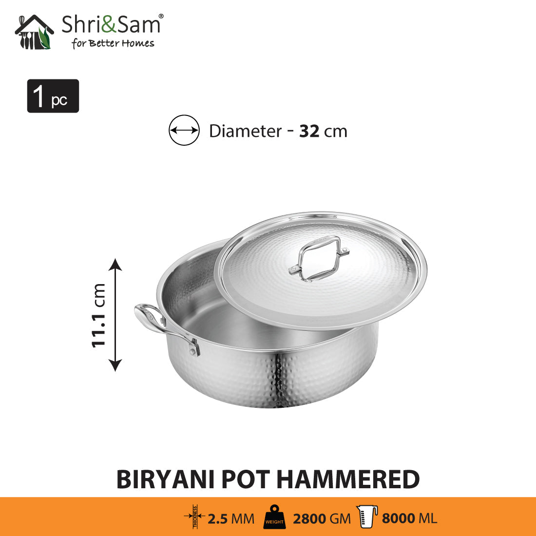 Stainless Steel Triply Bharat Hammered Biryani Pot with Lid