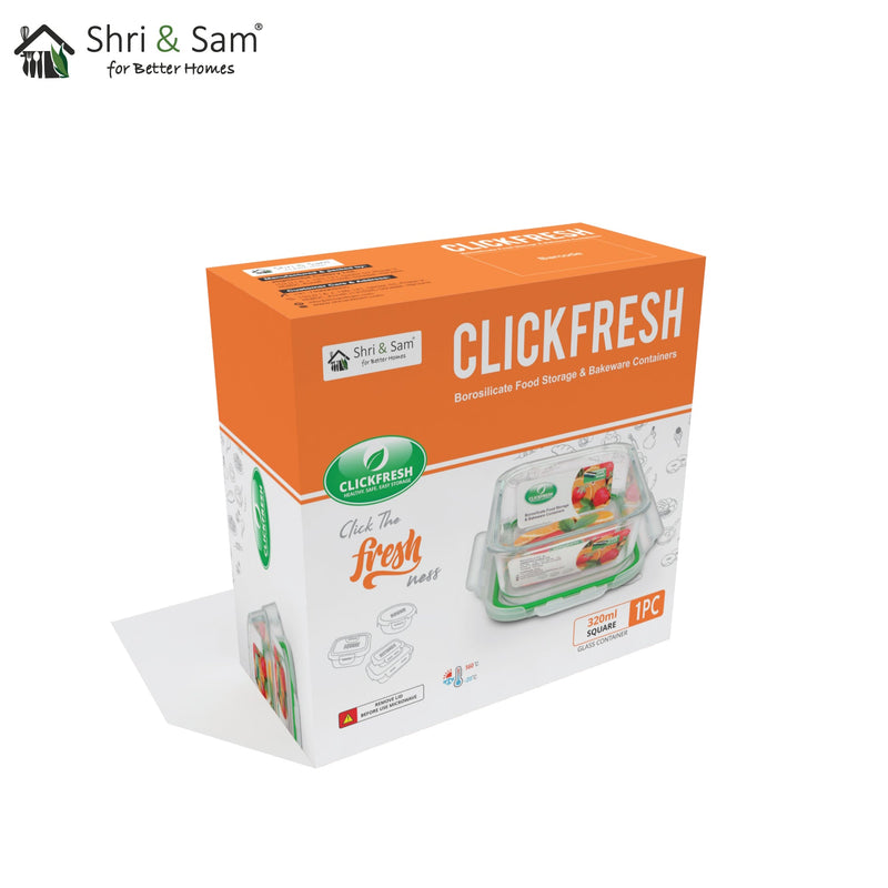 Glass 320ml Food Storage & Bakeware Container with Airtight Lid Square Clickfresh