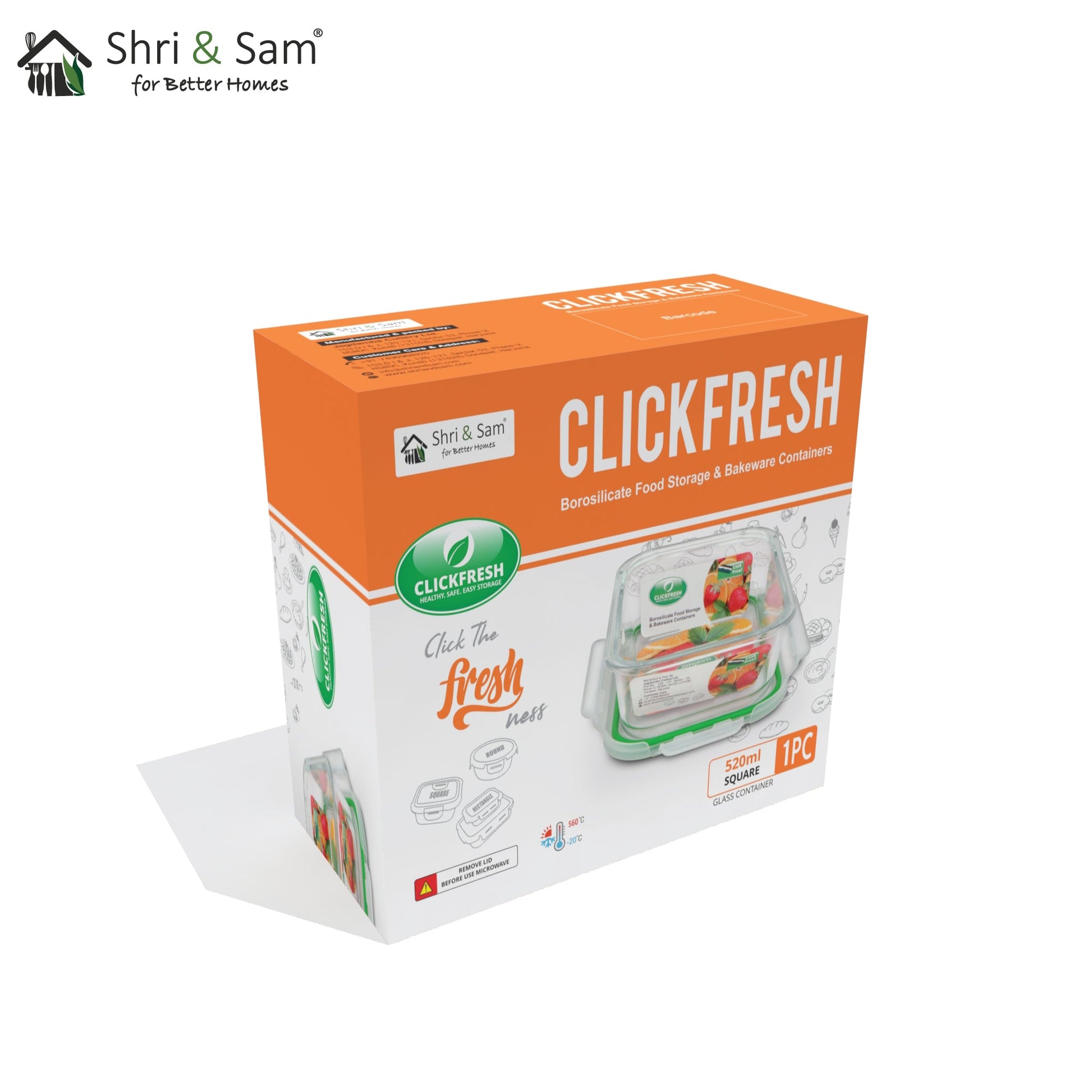 Glass 520ml Food Storage & Bakeware Container with Airtight Lid Square Clickfresh