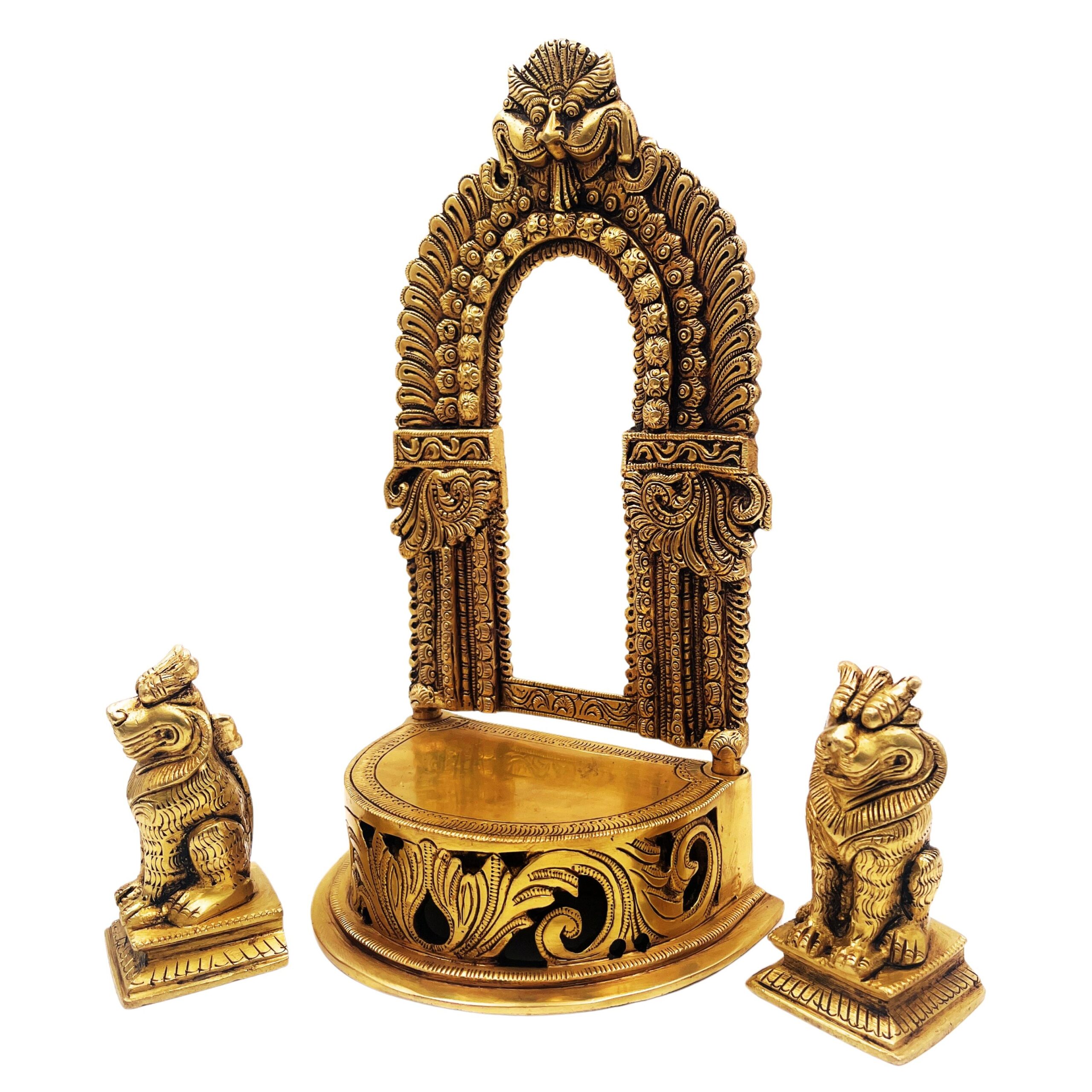 Brass Pooja Chowki with Prabhavali and Yali, Handmade Peetha Singhasan Bajot for Temple Decor, Gold, 11 Inch, 1 Piece