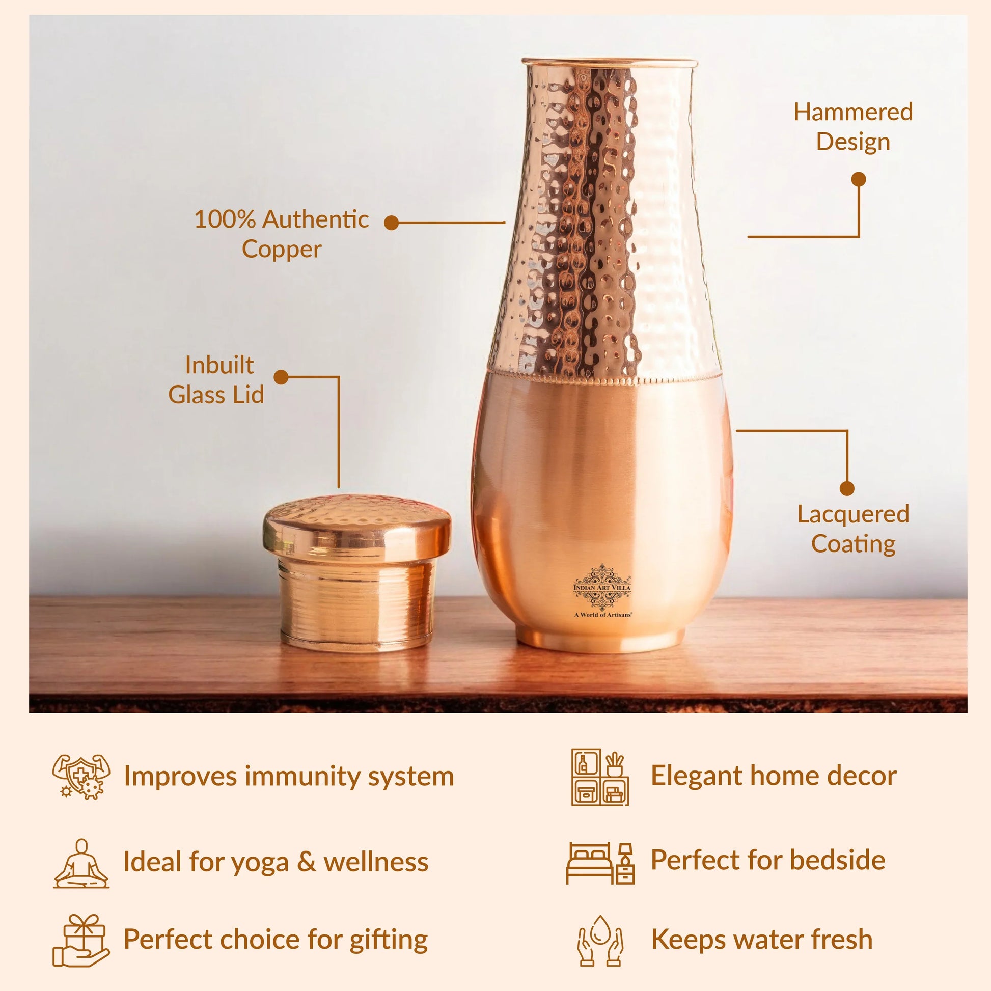 Copper Bedroom Bottle With Half Lacquer & Half Hammered Design