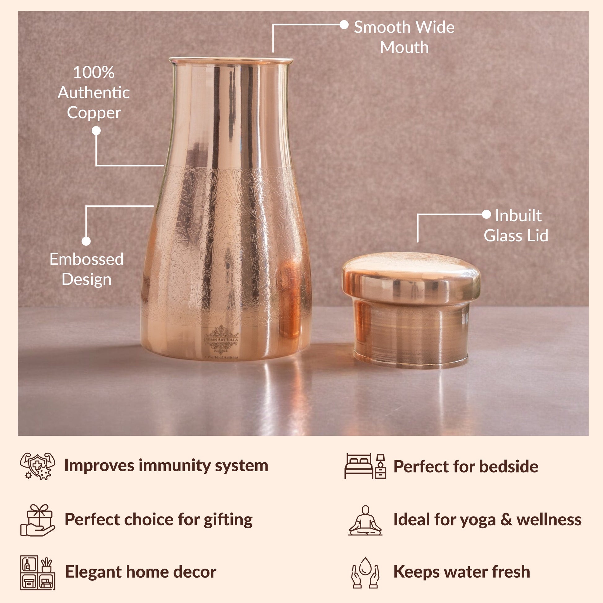 Pure Copper Embossed Bedroom Bottle With Inbuilt Glass