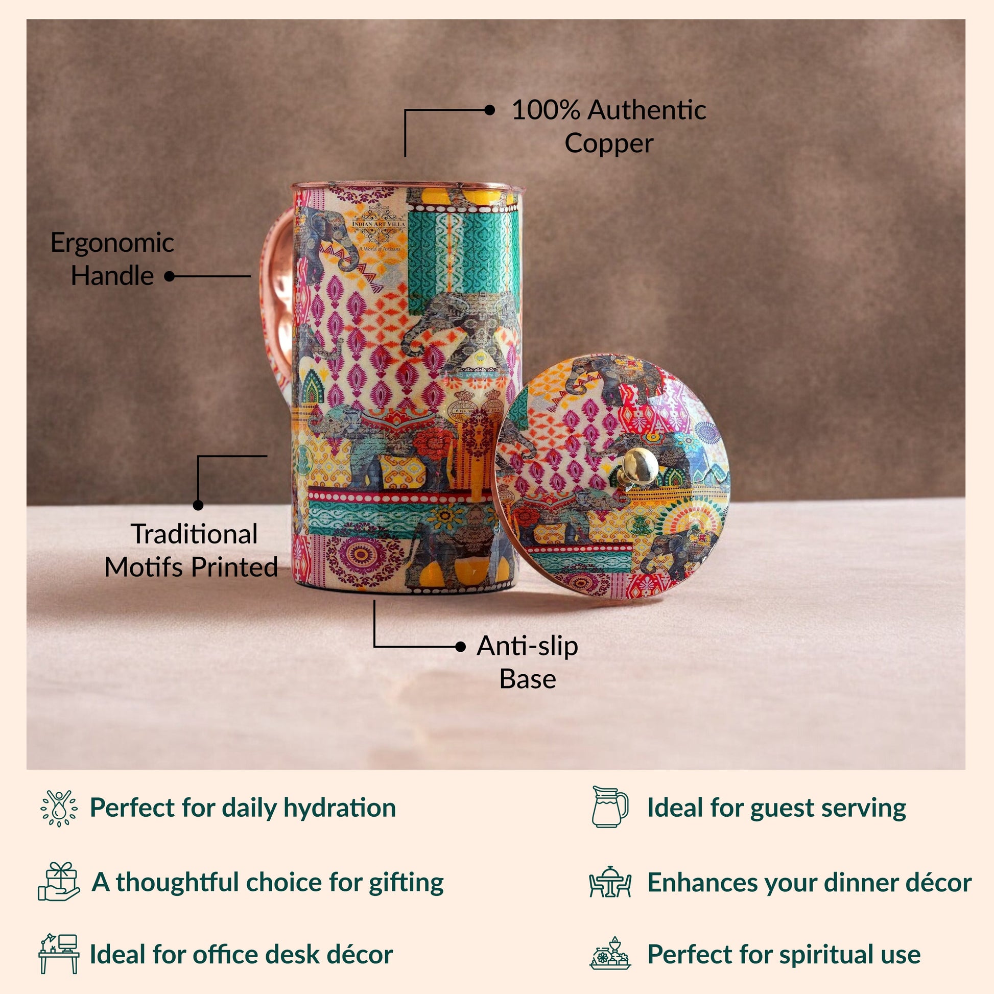 Pure Copper Printed Jug - Padharo Mhare Desh Design