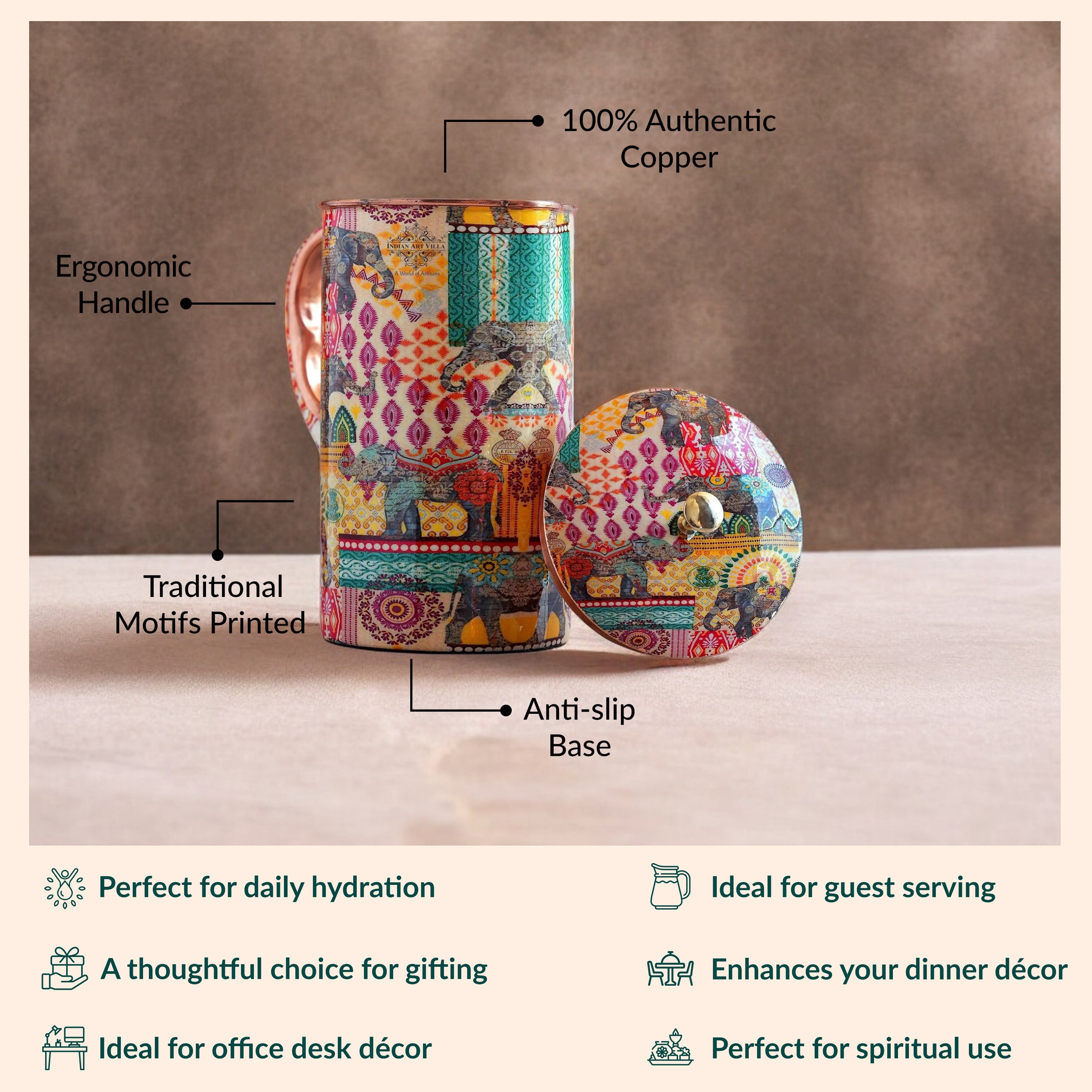 Pure Copper Printed Jug - Padharo Mhare Desh Design