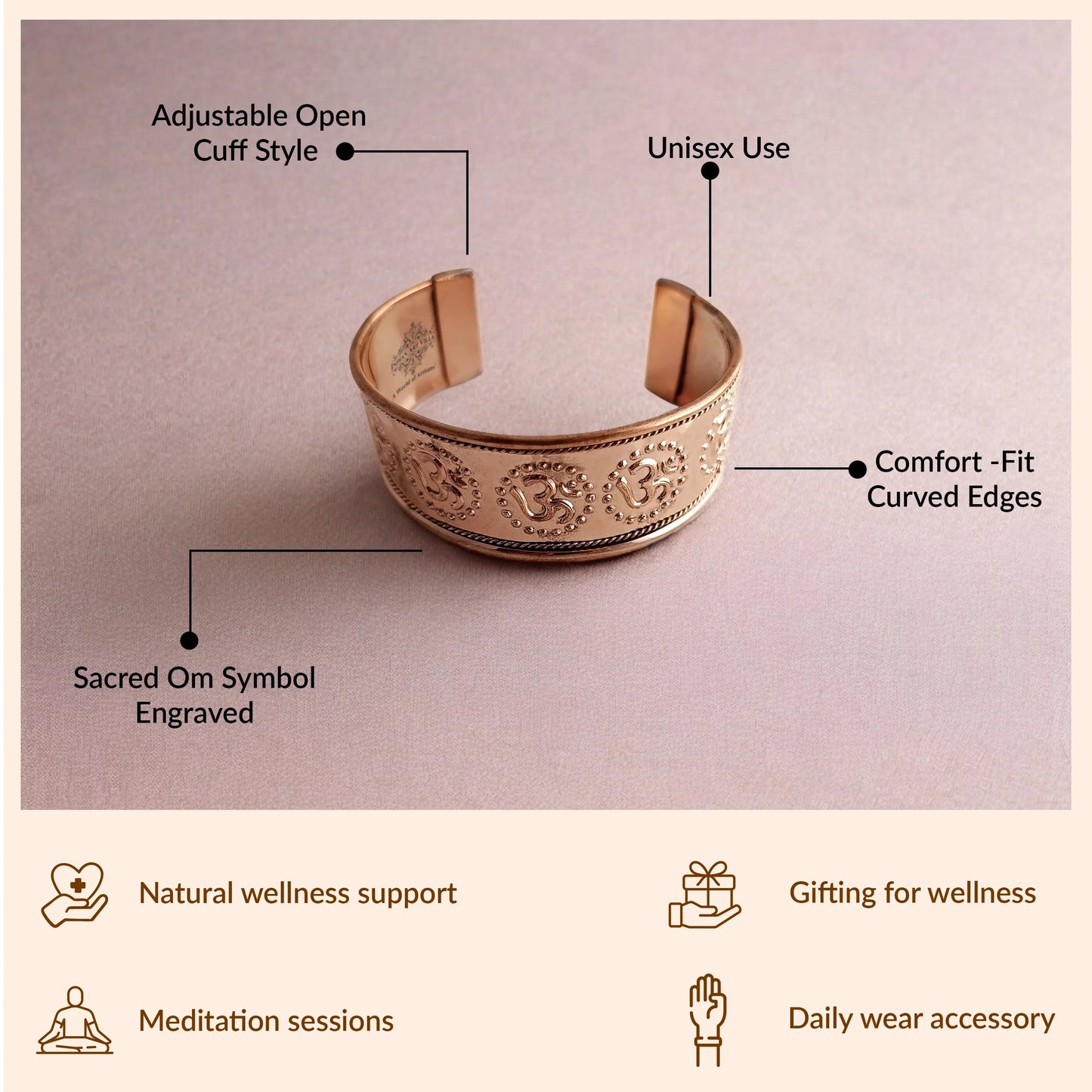 Pure Copper Om Design Broad Bangle Handcrafted Spiritual Bracelet