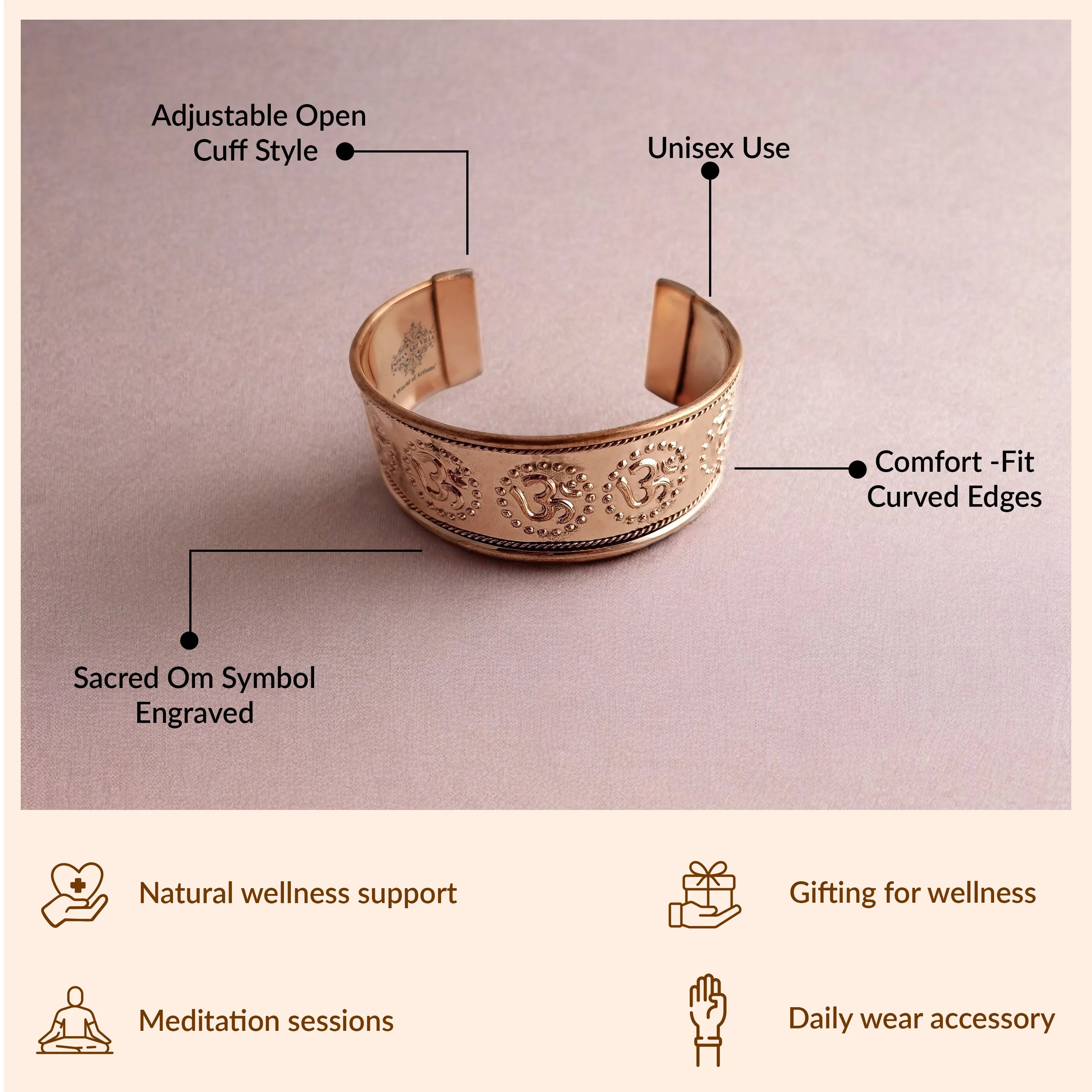 Pure Copper Om Design Broad Bangle Handcrafted Spiritual Bracelet