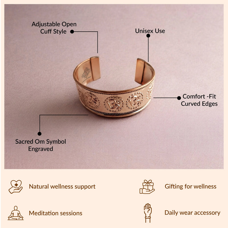 Pure Copper Om Design Broad Bangle Handcrafted Spiritual Bracelet