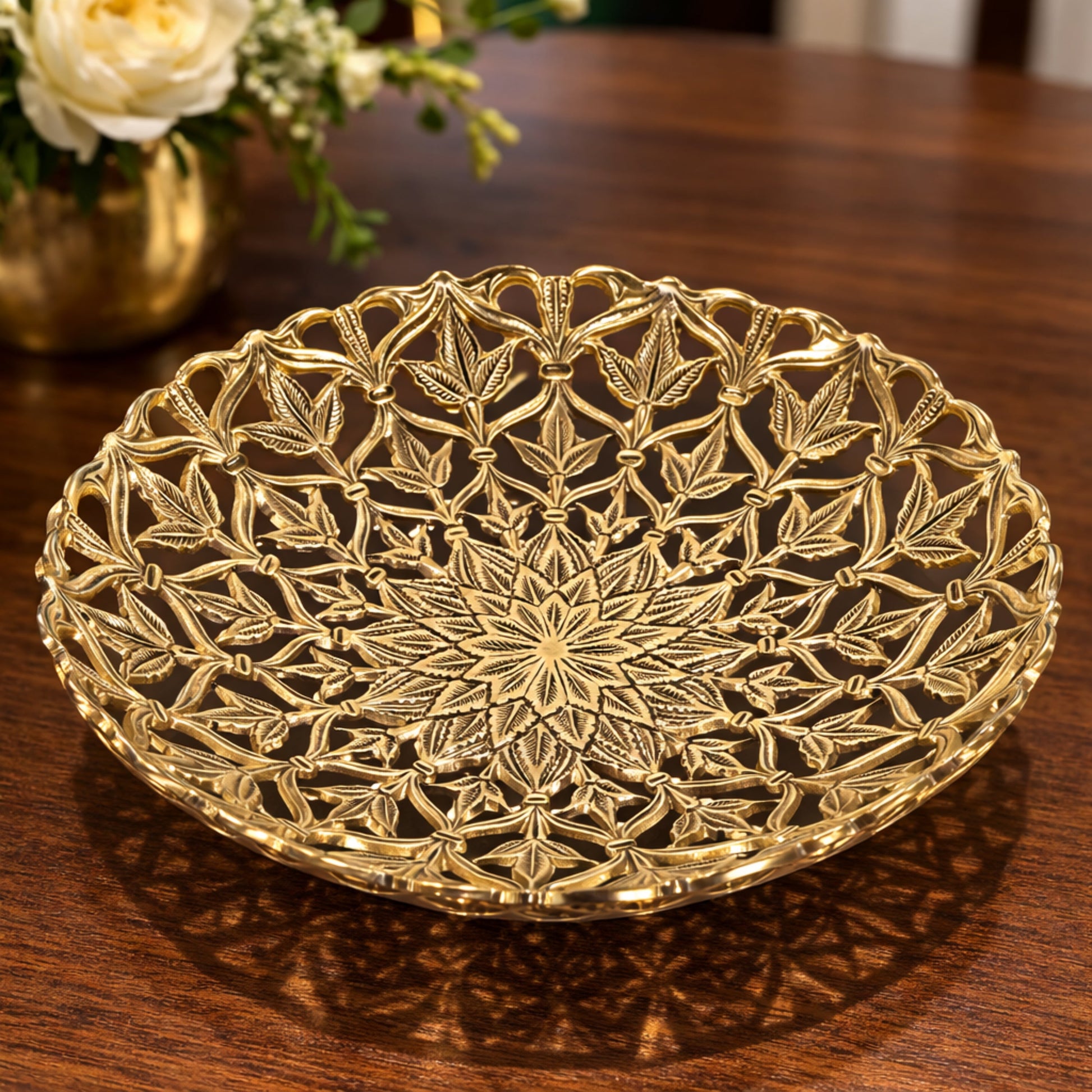Handcrafted Brass Fruit Bowl, Traditional Peetal Pital Pittal Hitale Decorative Fruit Basket for Home, Kitchen & Dining Table, Antique Indian Brass Centerpiece Bowl, Gold, 2 Inch, 1 Piece