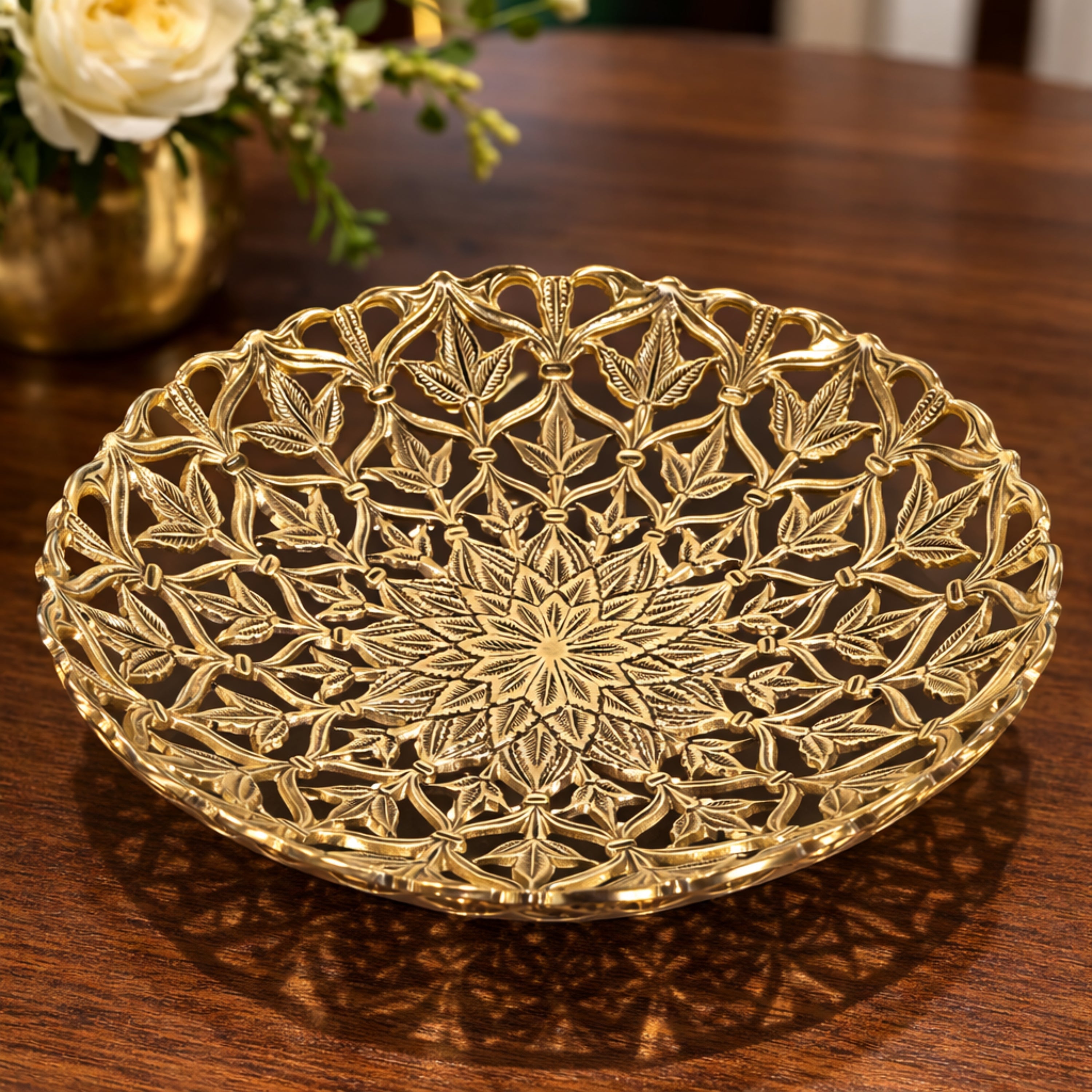 Handcrafted Brass Fruit Bowl, Traditional Peetal Pital Pittal Hitale Decorative Fruit Basket for Home, Kitchen & Dining Table, Antique Indian Brass Centerpiece Bowl, Gold, 2 Inch, 1 Piece