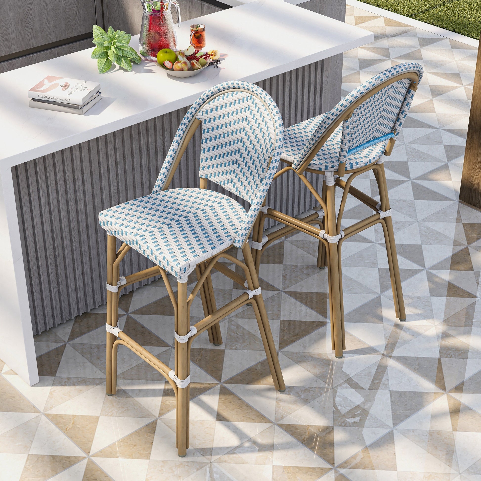 Suzen Outdoor Patio Bar Chair, 2 Chairs For Balcony (Blue+White)