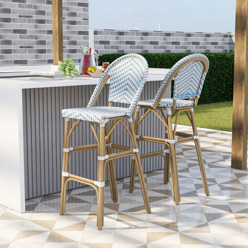 Suzen Outdoor Patio Bar Chair, 2 Chairs For Balcony (Blue+White)