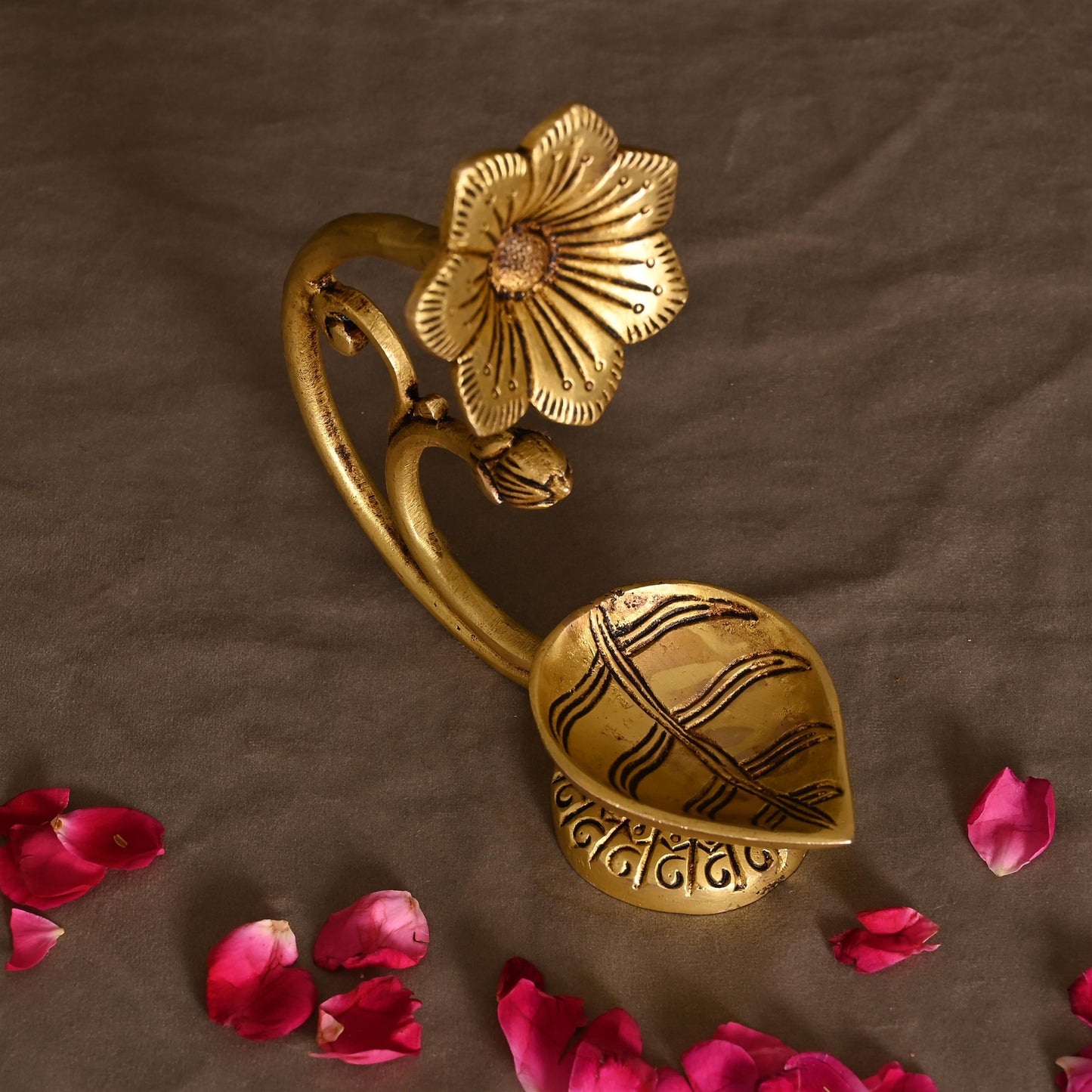 Brass Diya With Flower (5.8 Inch)