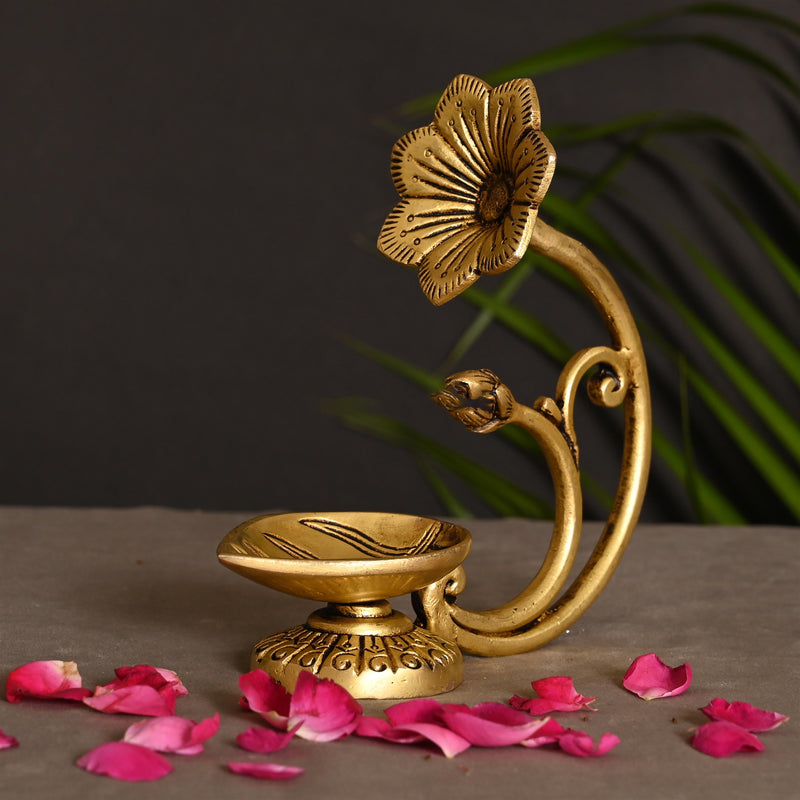 Brass Diya With Flower (5.8 Inch)