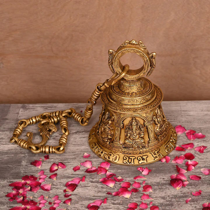 Brass Superfine Ganesha, Lakshmi And Saraswati Hanging Temple Bell (32.5 Inch)