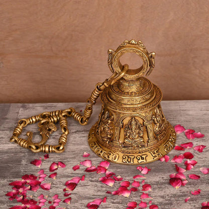 Brass Superfine Ganesha, Lakshmi And Saraswati Hanging Temple Bell (32.5 Inch)