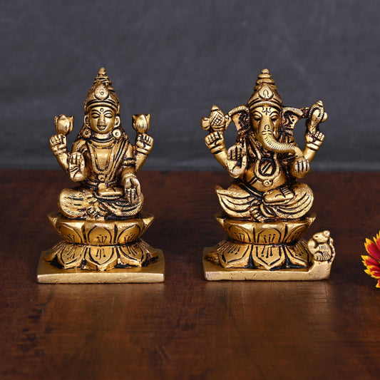 Brass Ganesha And Lakshmi Idols Set (3.5 Inch)