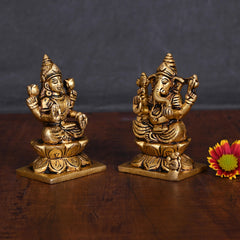 Brass Ganesha And Lakshmi Idols Set (3.5 Inch)