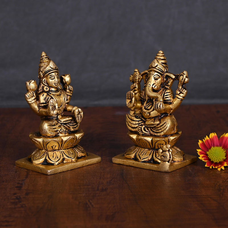 Brass Ganesha And Lakshmi Idols Set (3.5 Inch)