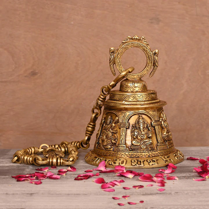 Brass Superfine Ganesha, Lakshmi And Saraswati Hanging Temple Bell (32.5 Inch)