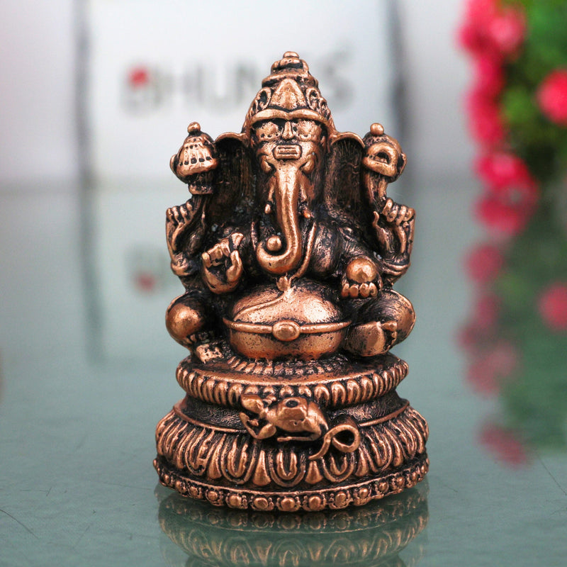 Copper Ganesha Idol Tamra Ganapati Vinayaka Siddhivinayak Murti for Pooja Decor, Brown, 2 Inch, 1 Piece