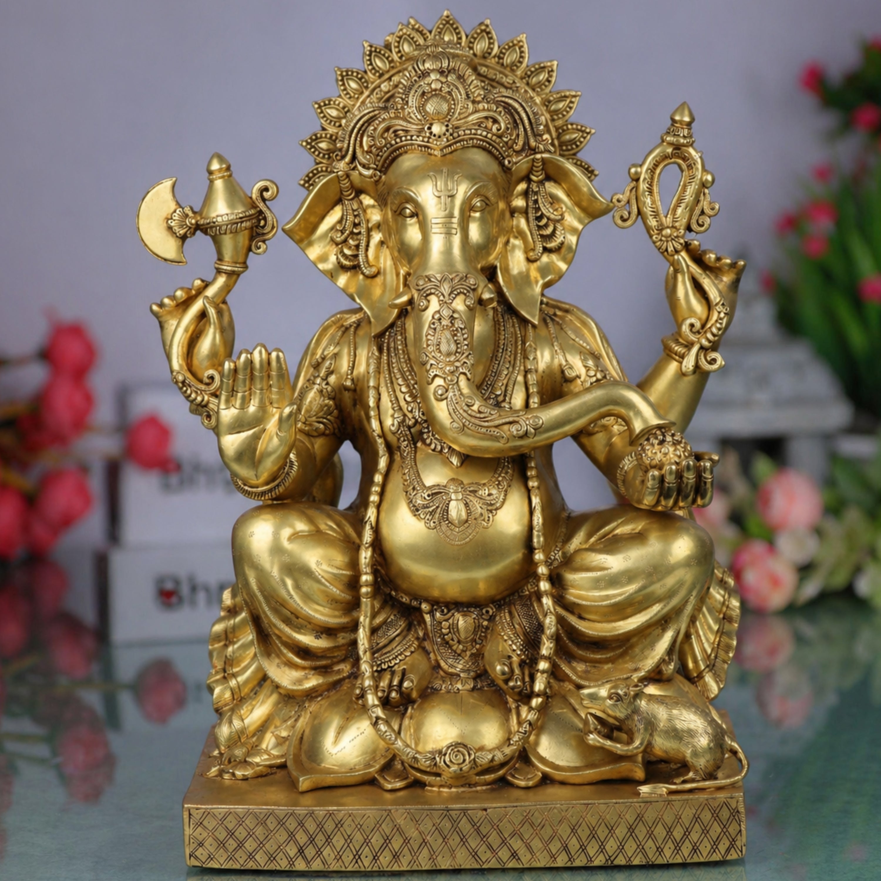 Brass Ganesha Idol Ganapati Vinayaka Vigneshwara Murti Large Temple Decor Statue, Gold, 30.5 Inch, 1 Piece