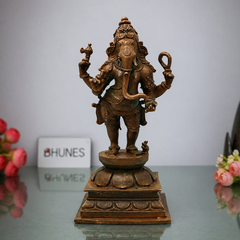 Bronze Ganesha Ganapati Vinayaka Vighneshwara Pillaiyar Panchaloha Style Ganesh Idol Statue, Brown, 6.5 Inch, 1 Piece