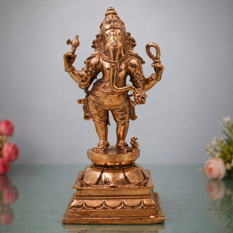 Bronze Ganesha Ganapati Vinayaka Vighneshwara Pillaiyar Ganesh Murti Panchaloha Style Idol Decor, Gold, 6.5 Inch, 1 Piece