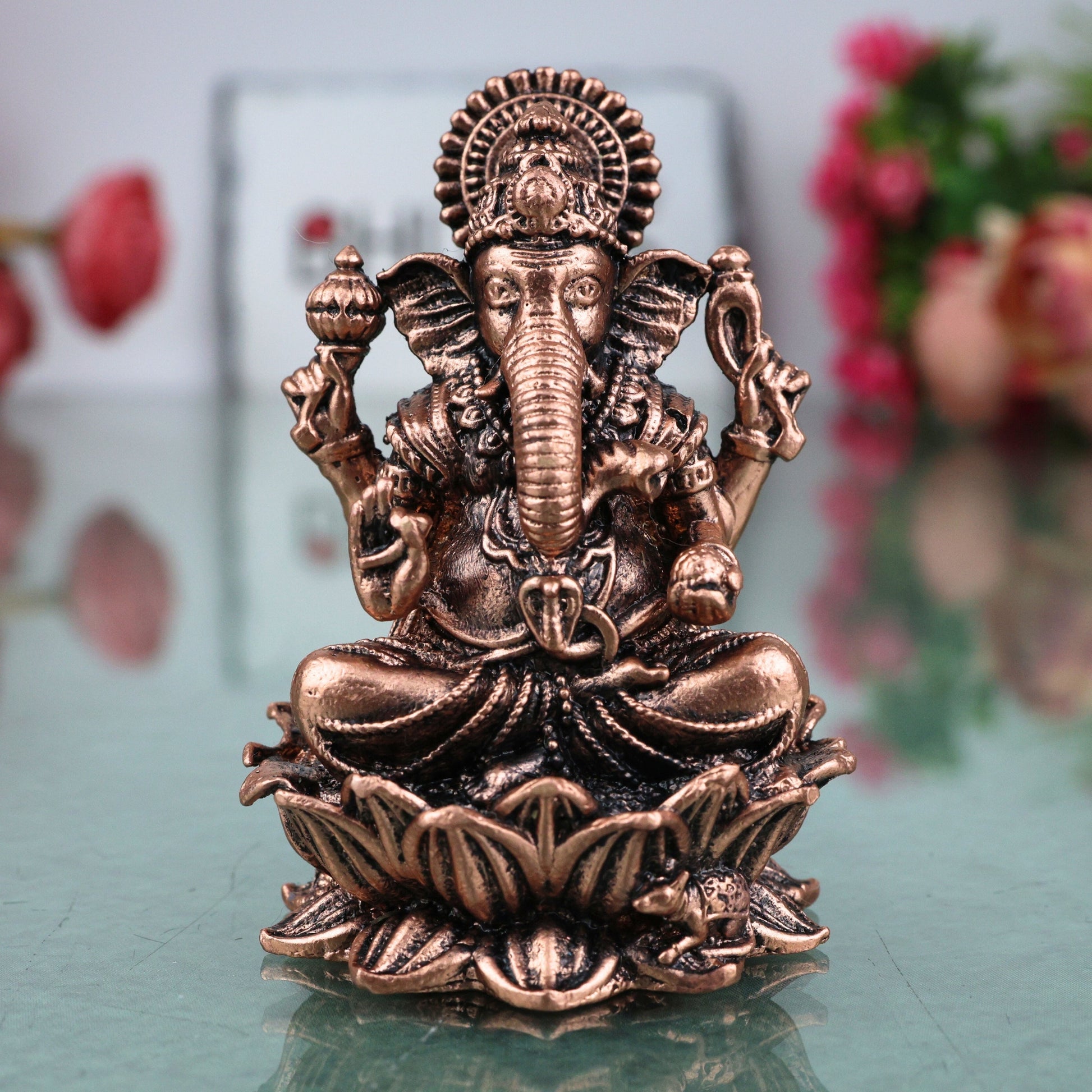 Copper Ganesh Idol, Tamra Ganapati Vinayaka Pillaiyar Gajanana Vighneshwar Murti Ganapati Sculpture for Puja Mandir Home Decor Gift Statue, Brown, 2.5 Inch, 1 Piece
