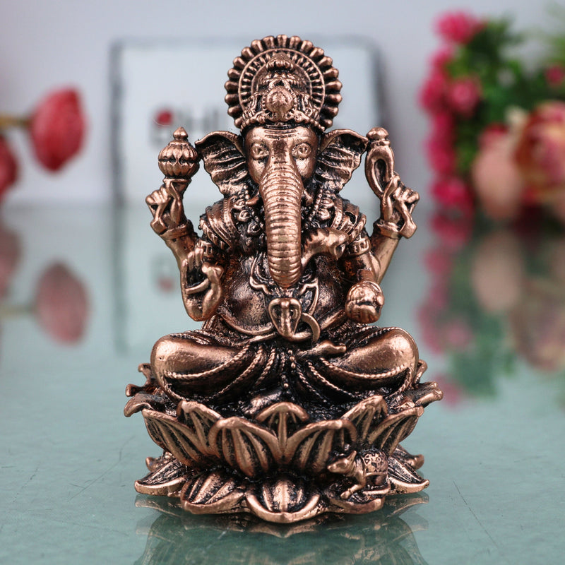 Copper Ganesh Idol, Tamra Ganapati Vinayaka Pillaiyar Gajanana Vighneshwar Murti Ganapati Sculpture for Puja Mandir Home Decor Gift Statue, Brown, 2.5 Inch, 1 Piece