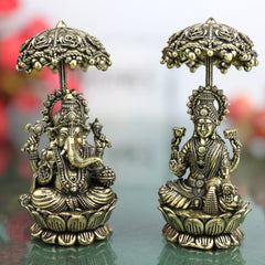 Brass Lakshmi Ganapati Idol with Umbrella, Handcrafted Ganesha Lakshmi Murti, Lakshmi Sahita Ganesh Vigraham for Pooja, Vastu, Diwali & Home Decor, Gold, 4.5 Inch, 2Piece
