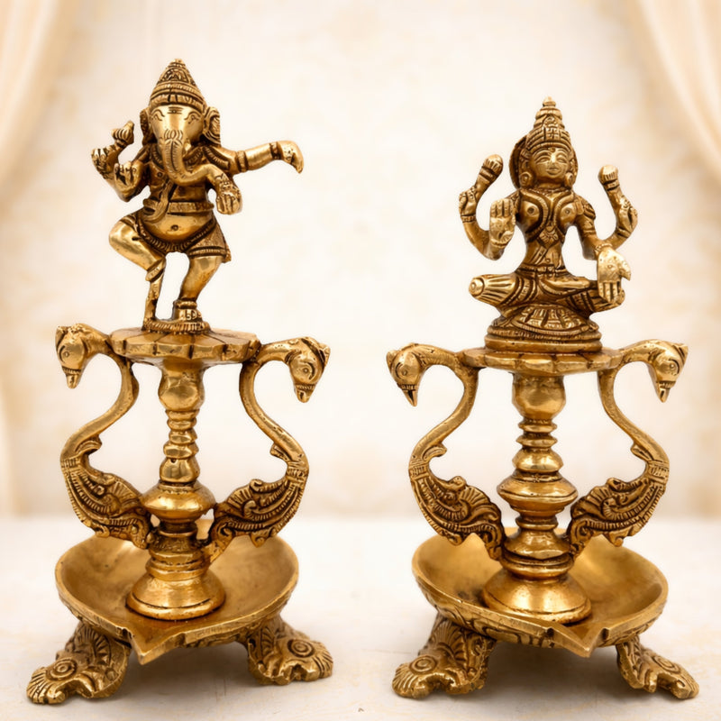 Bhunes Brass Ganesh Lakshmi Diya, Pooja Ganesha Laxmi Lamp, Deep, Deepam, Lamps For Home Temple Décor Set Of 2,Gold, 6.5 Inch, 1 Piece