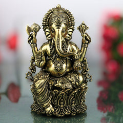 Brass Ganesha Idol Peetal Ganapati Vinayaka Murti Vighnaharta Siddhivinayak Pillaiyar Statue for Puja Home Decor Gift, Gold, 4 Inch, 1 Piece