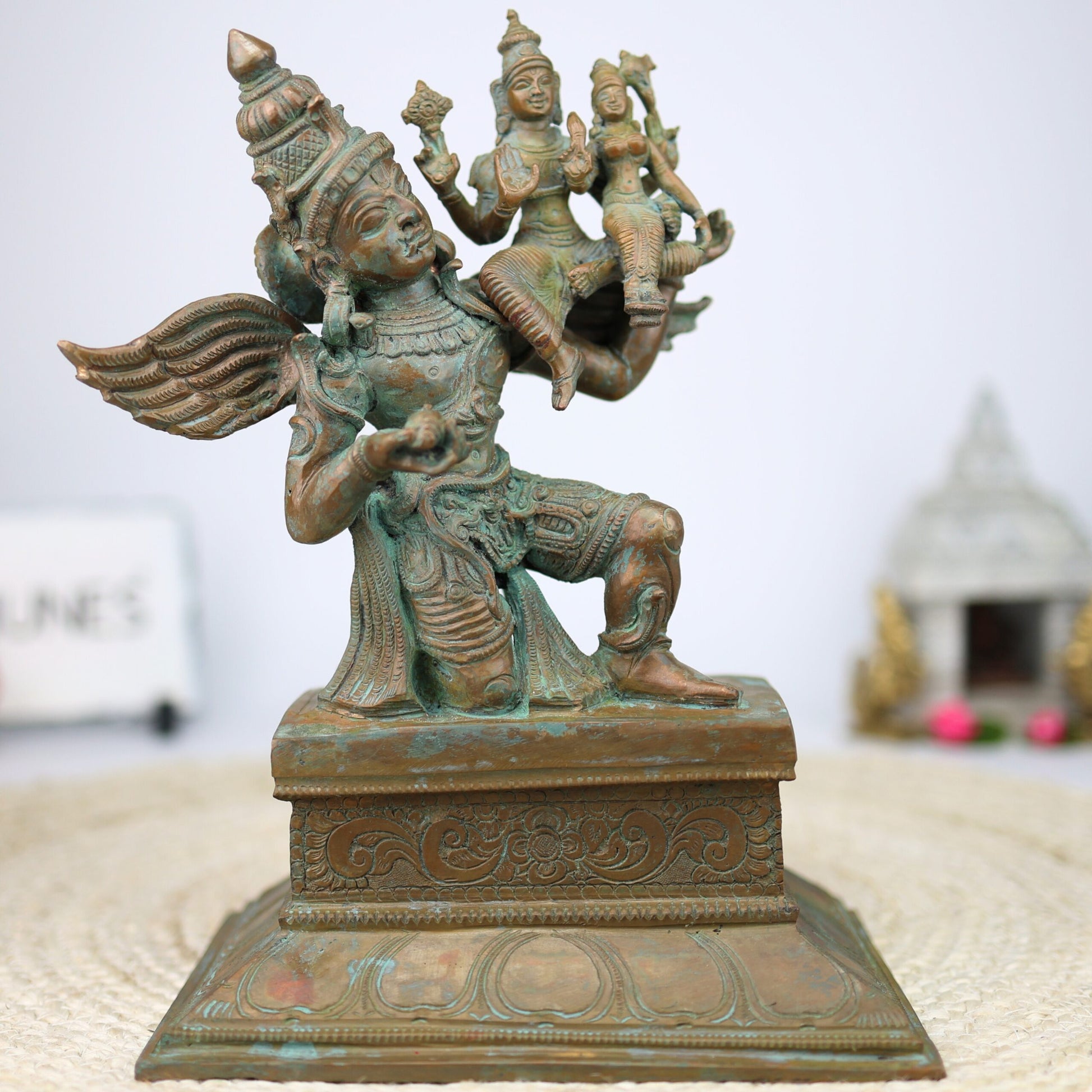 Bronze Garuda Idol with Vishnu Lakshmi, Handcrafted Garud Dev Statue, Panchaloha Narayan Laxmi Silai for Temple and Home Decor, Brown, 11.5 Inch, 1 Piece