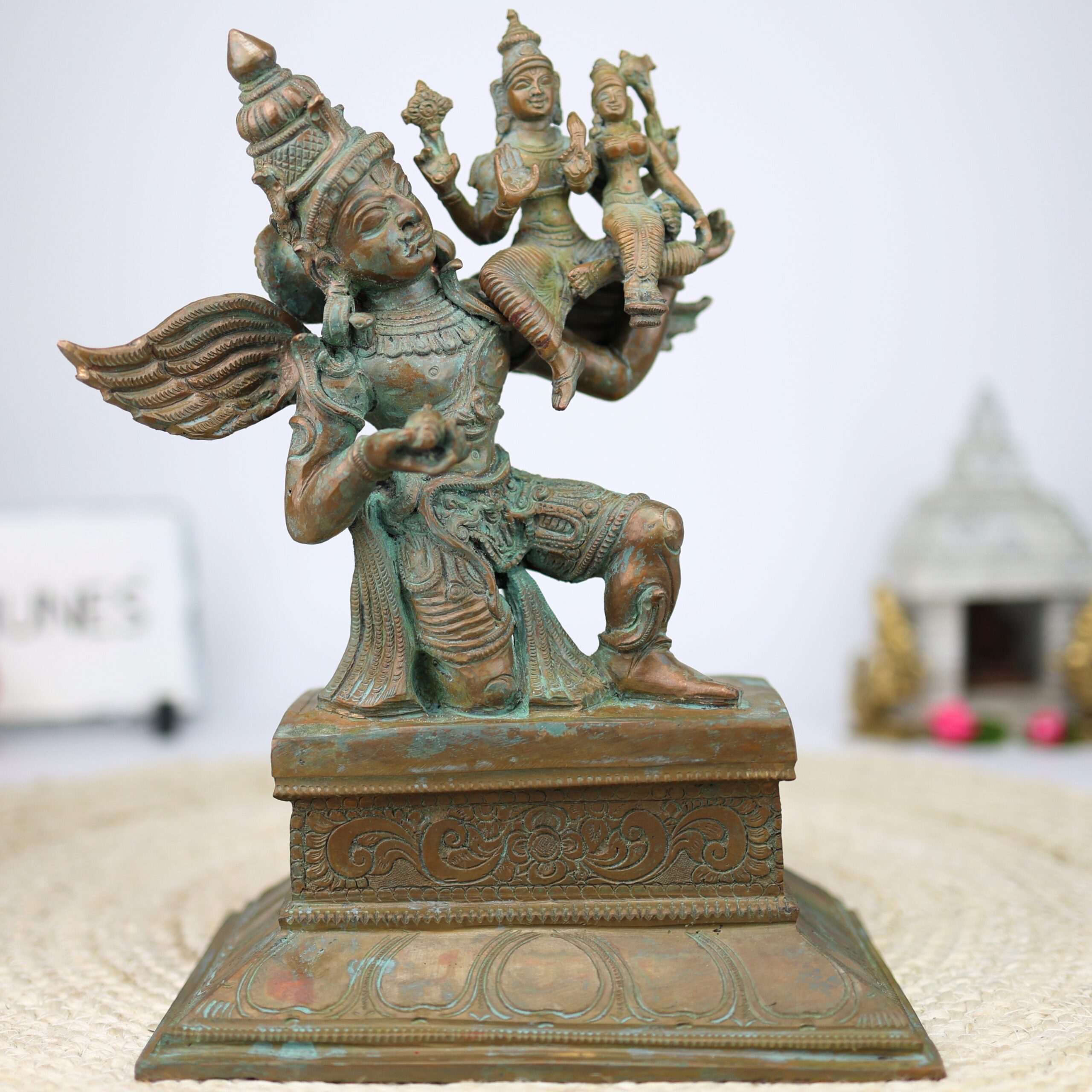 Bronze Garuda Idol with Vishnu Lakshmi, Handcrafted Garud Dev Statue, Panchaloha Narayan Laxmi Silai for Temple and Home Decor, Brown, 11.5 Inch, 1 Piece
