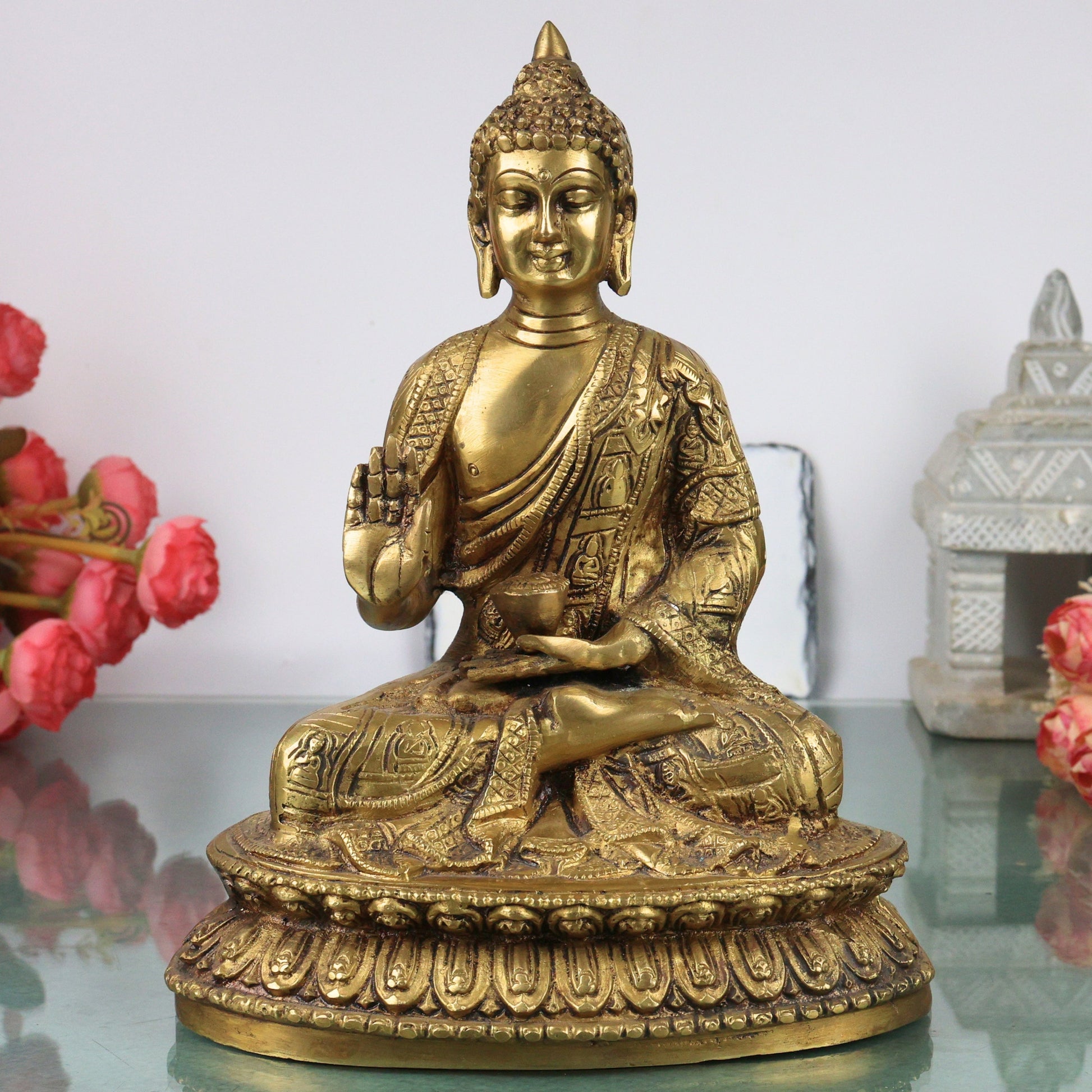 Brass Handcrafted Buddha Idol, Gautama Buddha Shakyamuni Siddhartha Gautama Dhyana Meditating Buddha Murti Statue for Home Decor, Pooja, Meditation, Vastu & Spiritual Gift, Gold, 10.5 Inch, 1 Piece