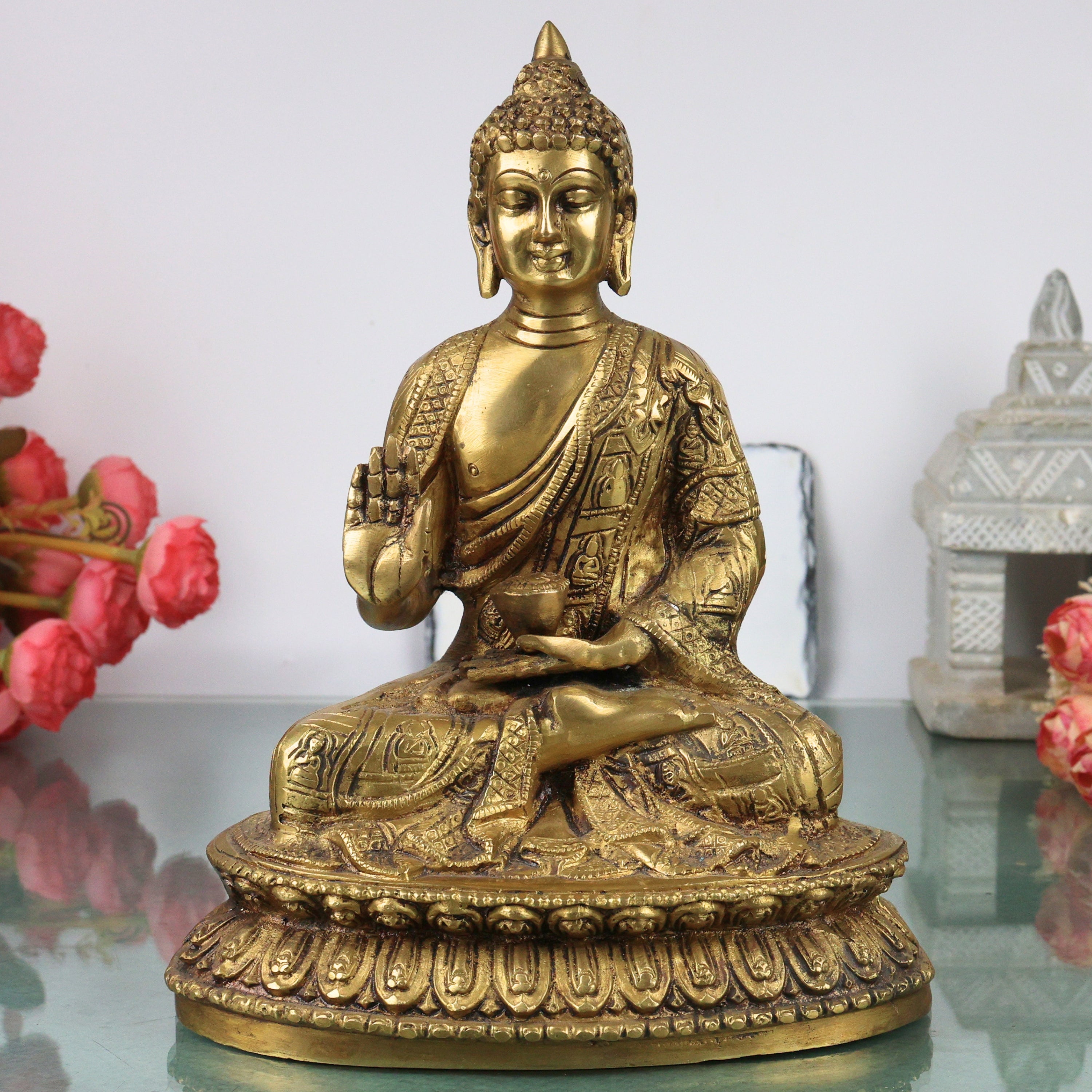 Brass Handcrafted Buddha Idol, Gautama Buddha Shakyamuni Siddhartha Gautama Dhyana Meditating Buddha Murti Statue for Home Decor, Pooja, Meditation, Vastu & Spiritual Gift, Gold, 10.5 Inch, 1 Piece