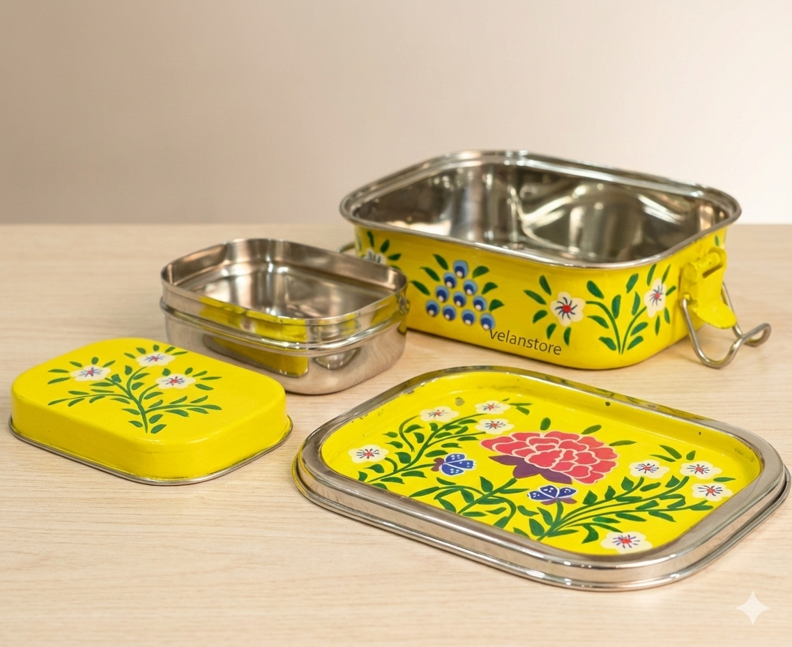 Hand Painted Leak Proof Tiffin Lunch Box- Perfect For School, Office, and picnic Tiffin