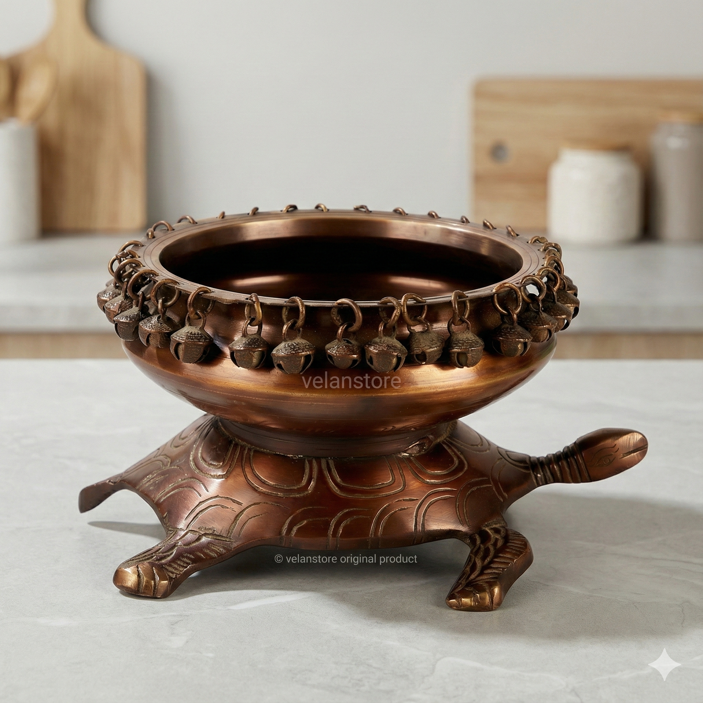 Brass Urli Bowl with Tortoise Base - 8"x10"x5", Matte Chocolate Finish