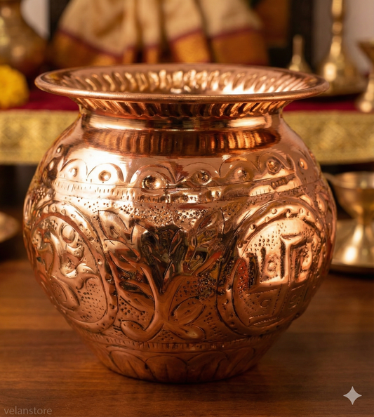 Pure Copper Pooja Lota With Carving Design - Copper Kalash