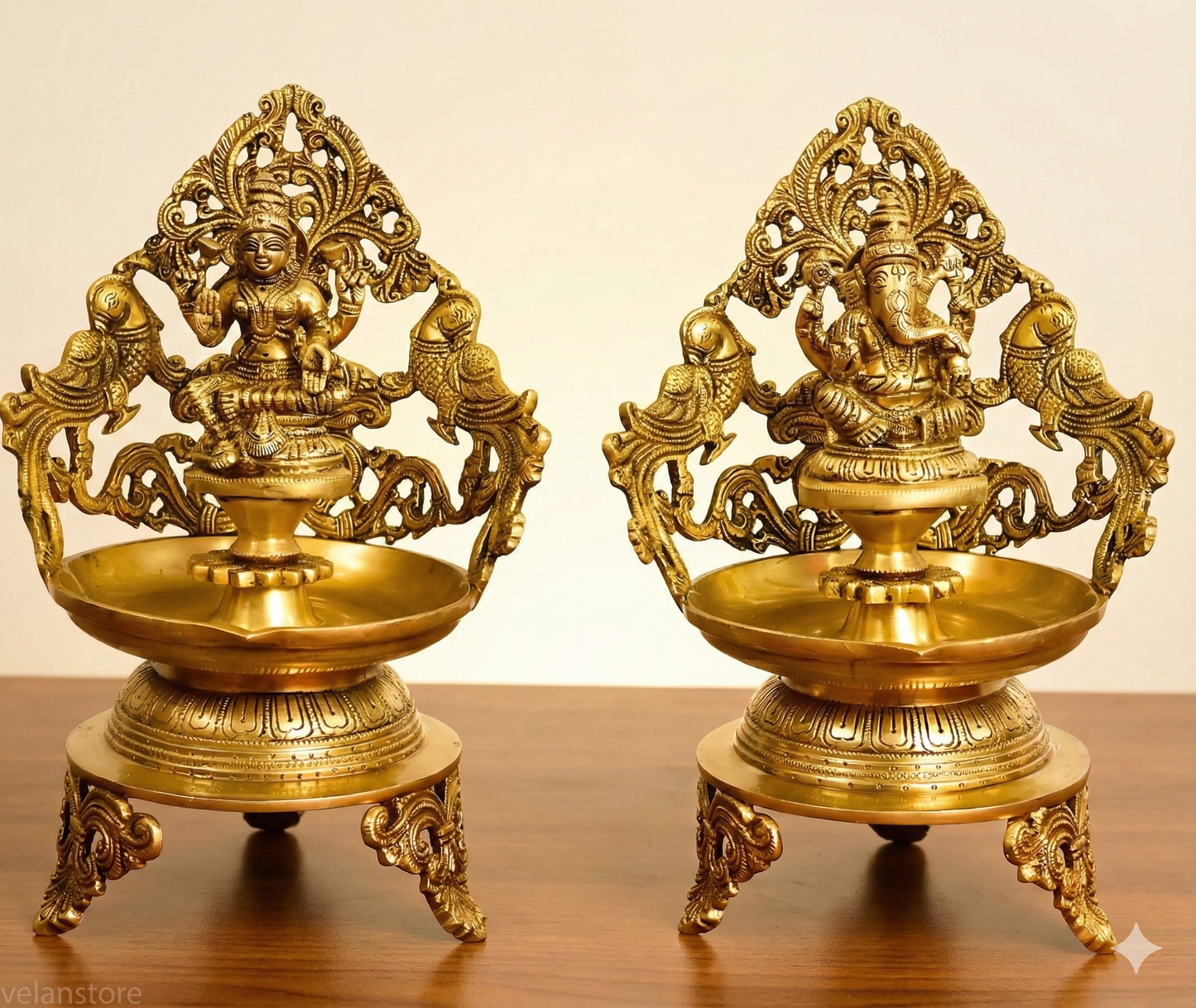 Shribadri Large Brass Laxmi Ganesh Diya/ Urli Set
