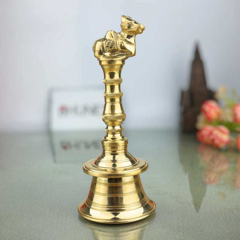 Brass Hand Bell/Ghanti for Pooja, Aarti, Meditation & Temple Decor, Peetal/Pittal Ritual Idol Bell, Mini Decorative Indian Prayer Bell, Gold, 8 Inch, 1 Piece