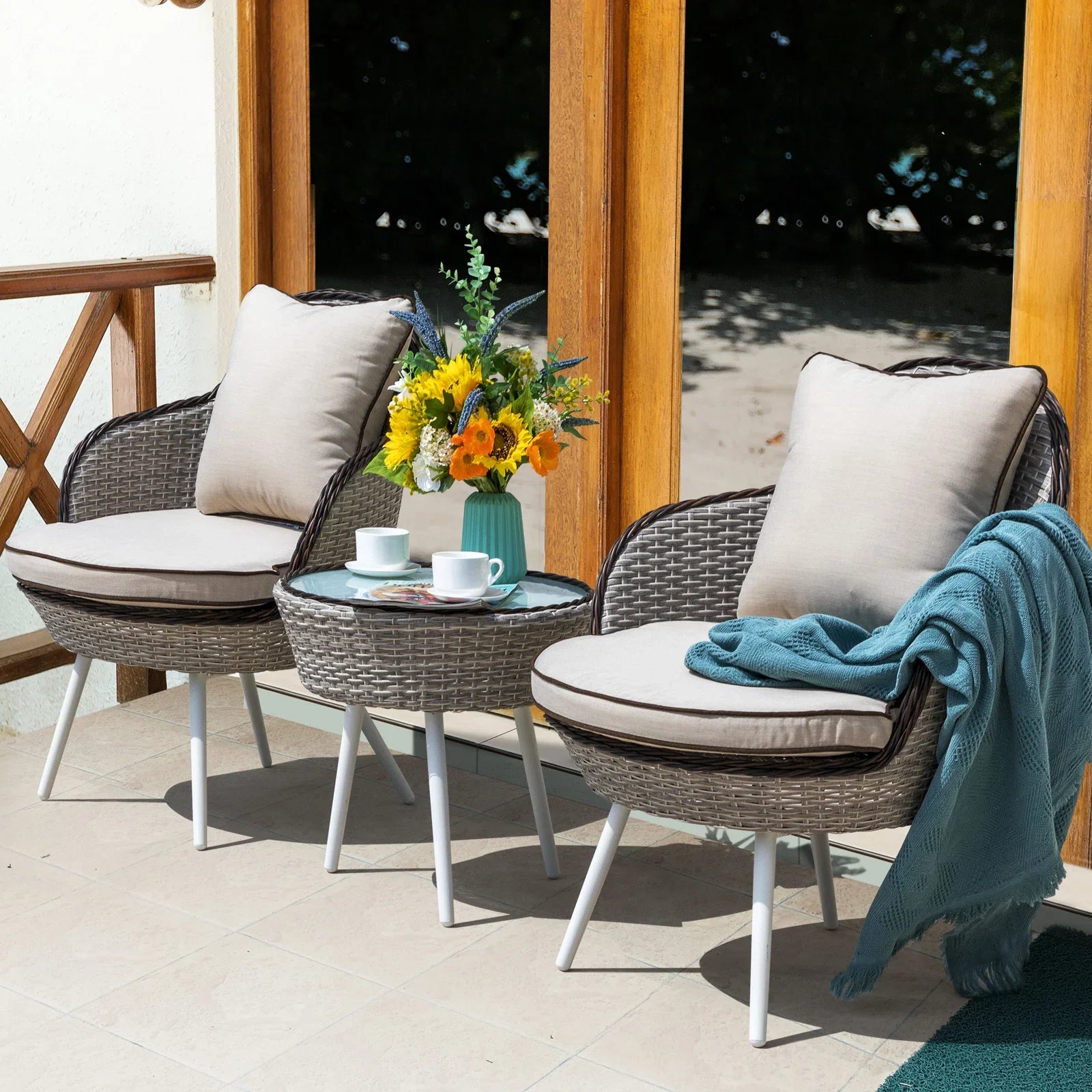 Ramira Outdoor Patio Seating Set 2 Chairs and 1 Table Set (Beige)