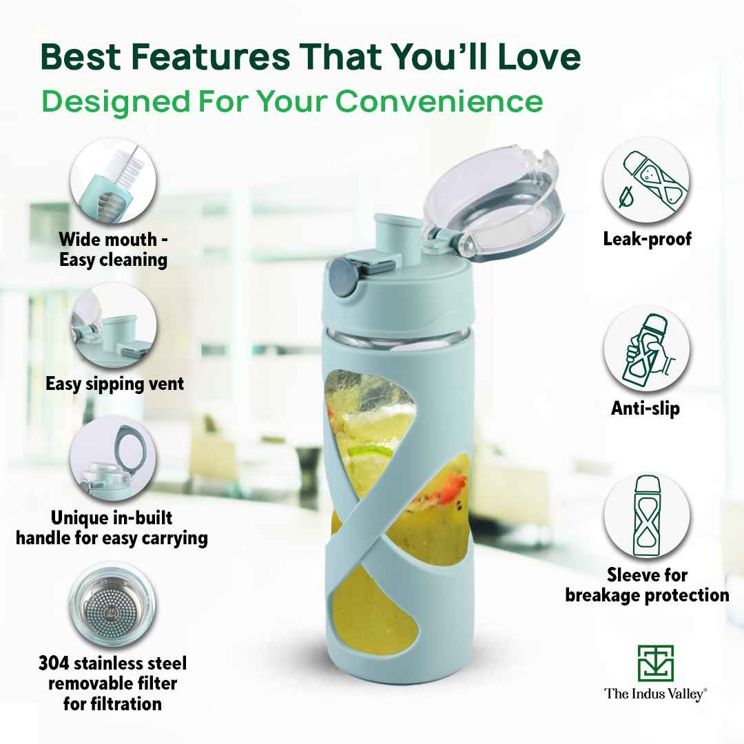 Premium Pro-hydro Borosilicate Glass Bottle | 500ml | Removable Filter | Dark blue, Light blue