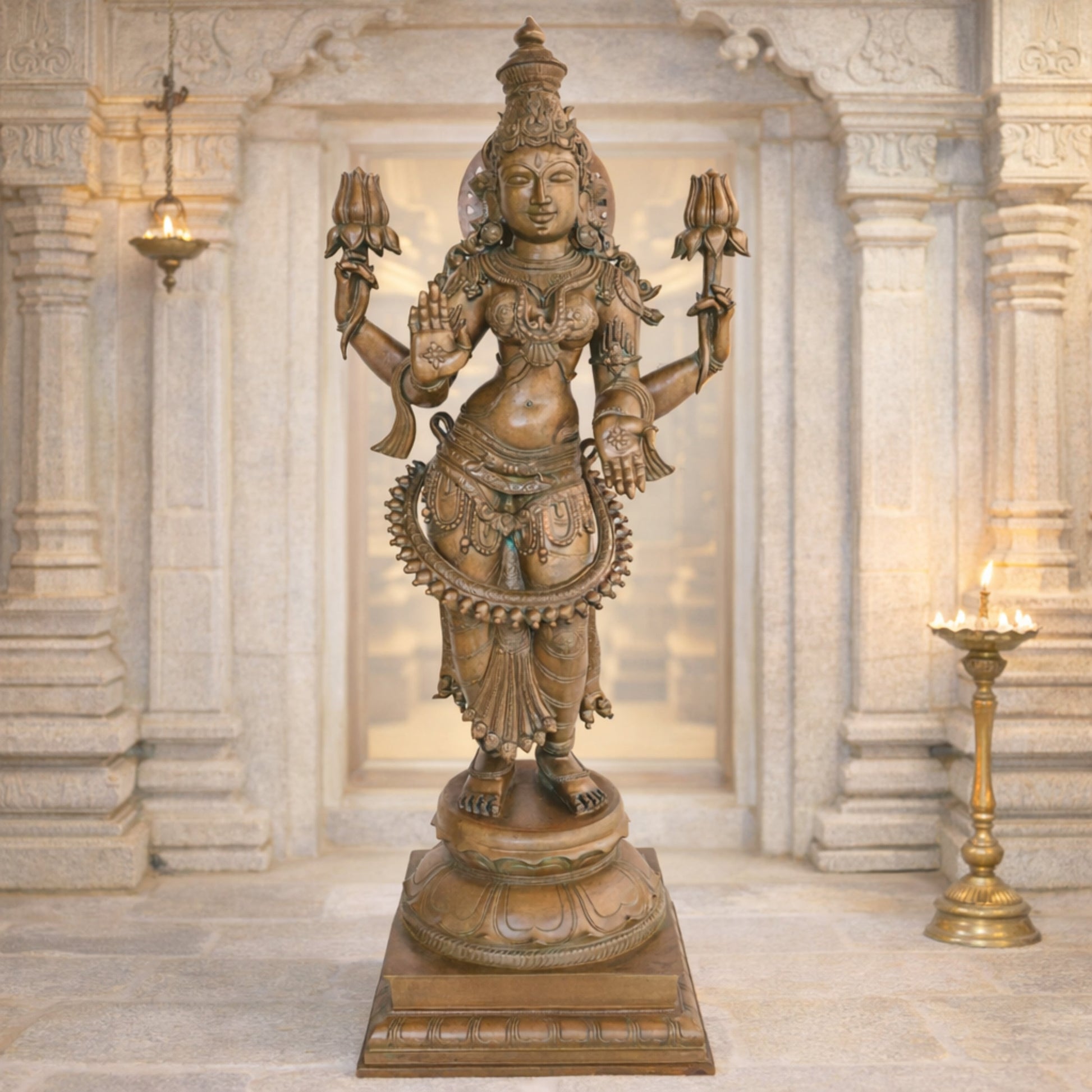 3ft Panchaloha Mahalakshmi Idol in Bronze, Handmade Goddess Lakshmi, Kamala Devi | Gajalakshmi | South Indian Chola Art Sculpture for Home & Temple,Brown, 40 Inch, 1 Piece