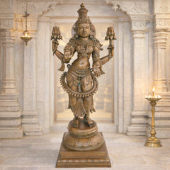 3ft Panchaloha Mahalakshmi Idol in Bronze, Handmade Goddess Lakshmi, Kamala Devi | Gajalakshmi | South Indian Chola Art Sculpture for Home & Temple,Brown, 40 Inch, 1 Piece