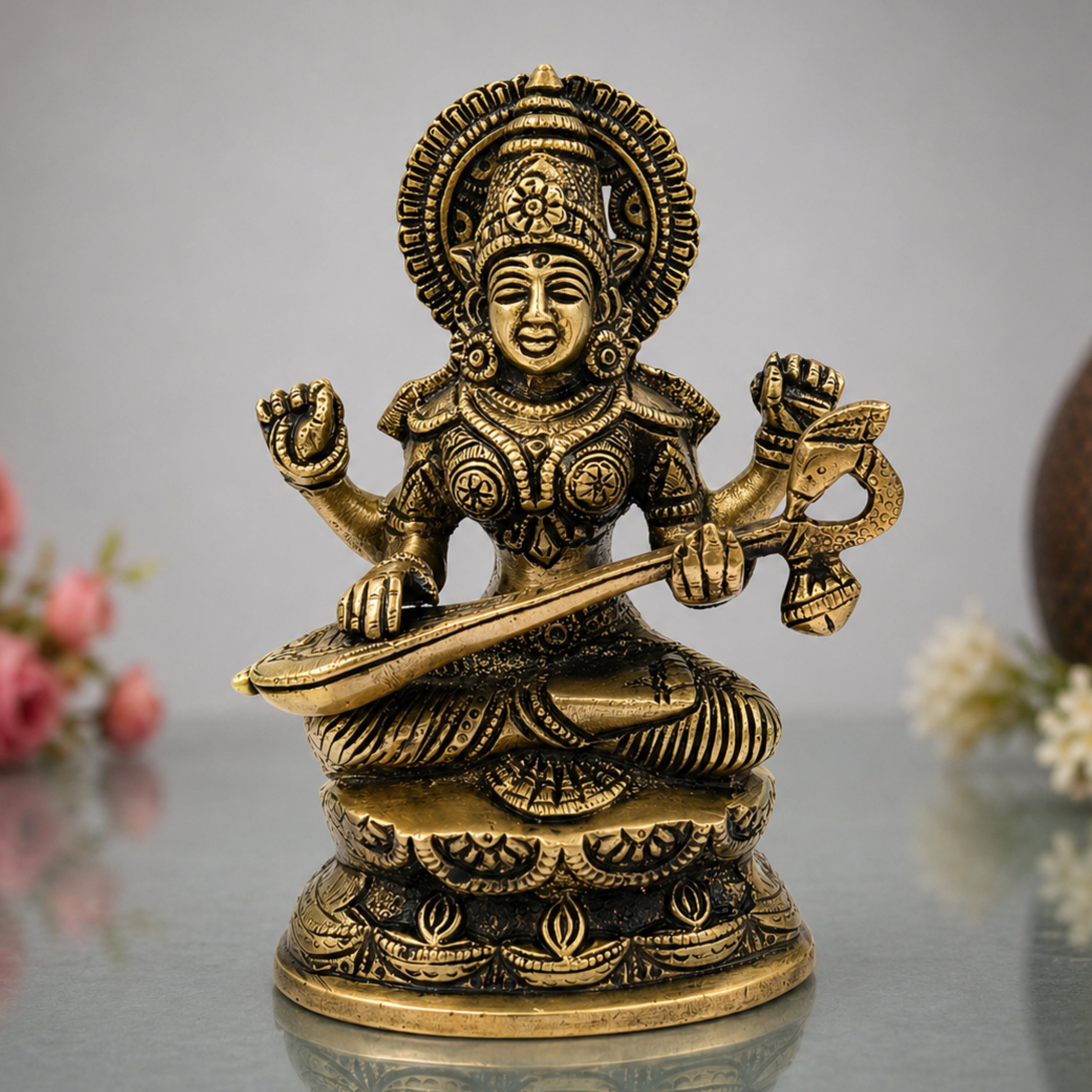Brass Goddess Saraswati Idol, Sarasvati Murti, Vidya Devi Figurine, Saraswathi Vigraha For Puja And Home Decor,Gold, 7 Inch, 1 Piece