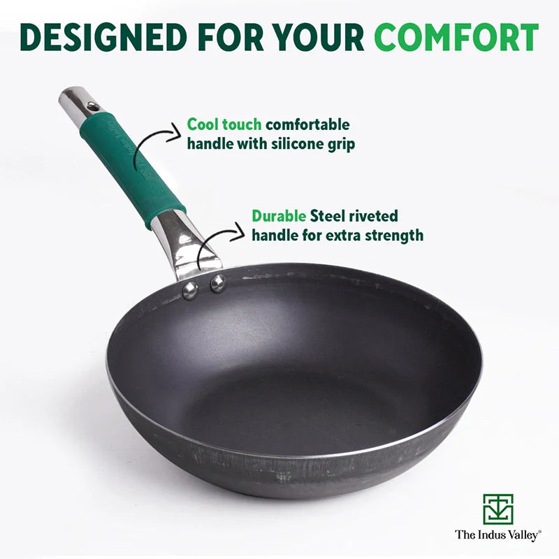 Ironklad 100% Pure Sheet Iron Frying pan, Steel Cool Touch Handle & Silicone Grip, Pre-seasoned, Toxin-free, Induction, 2/2.5 L, 25/30.8 Cm, 1.1/1.4 Kg