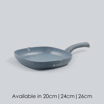 Granite Non-Stick 24cm Grill Pan | Soft-Touch Handles | Virgin Aluminium | PFOA and Heavy Metals Free | 3.5mm Thickness | 1.8 litres | 2 Year Warranty | Grey